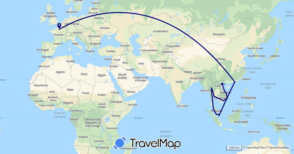 TravelMap itinerary: driving in France, Hong Kong, Malaysia, Singapore, Thailand, Vietnam (Asia, Europe)